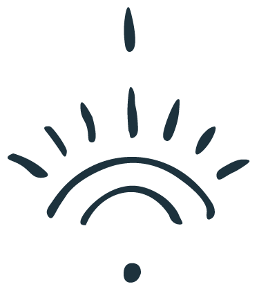 Stylized drawing of a rainbow with a sun and clouds above it.