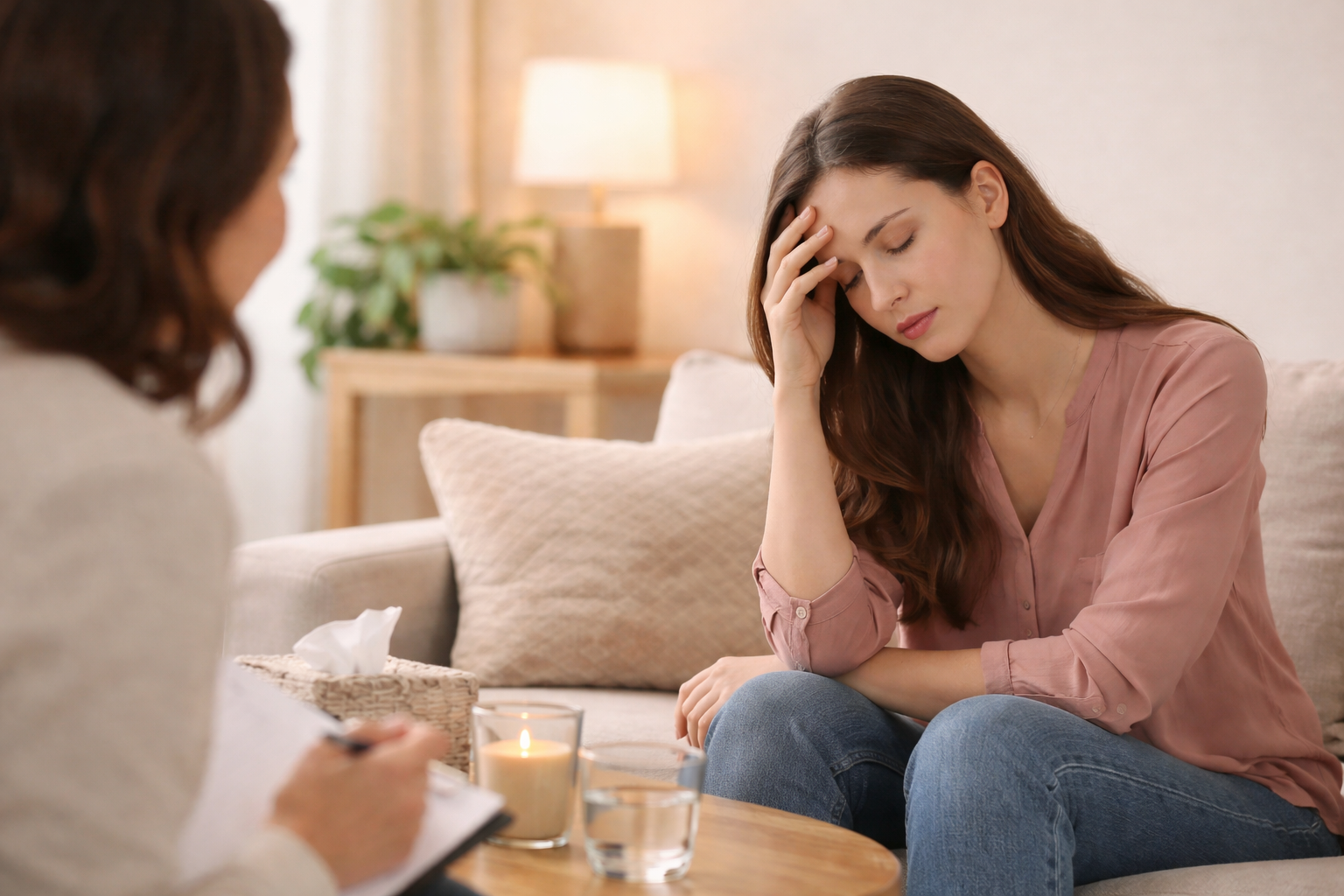 Client discussing emotional distress during a therapy session.
