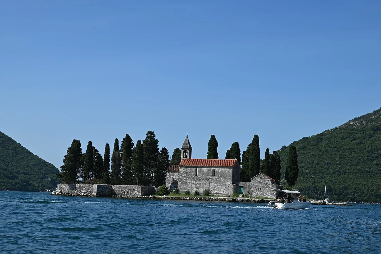 Saint George Monastery and the Church of Our Lady of Škrpjela in the Bay of Kotor, off the coast of Perast, Montenegro. July 2023 #montenegro #kotor #ourladyoftherocks #kotorbay