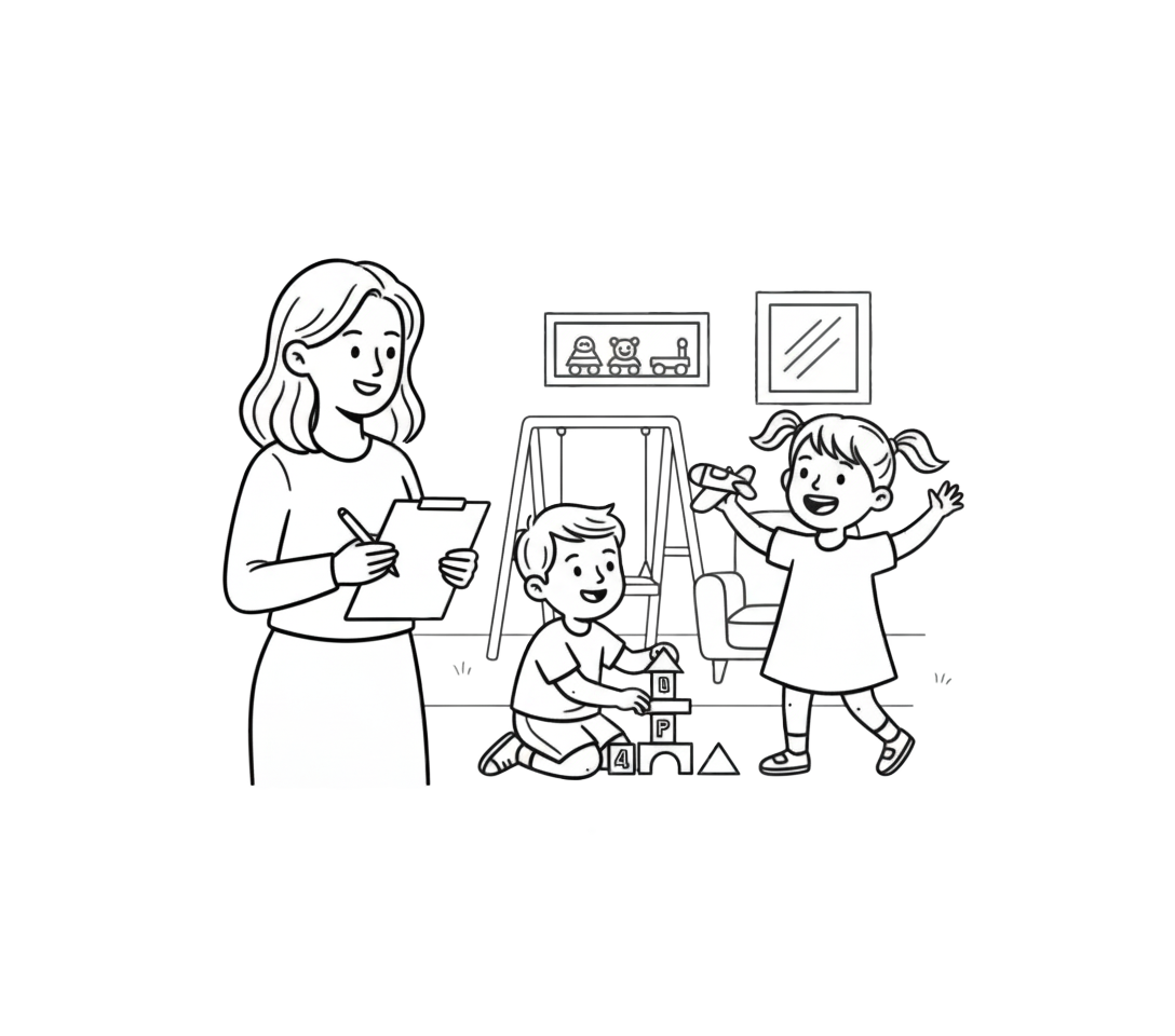 A woman with a clipboard watching a boy and girl playing with toy blocks in a living room.