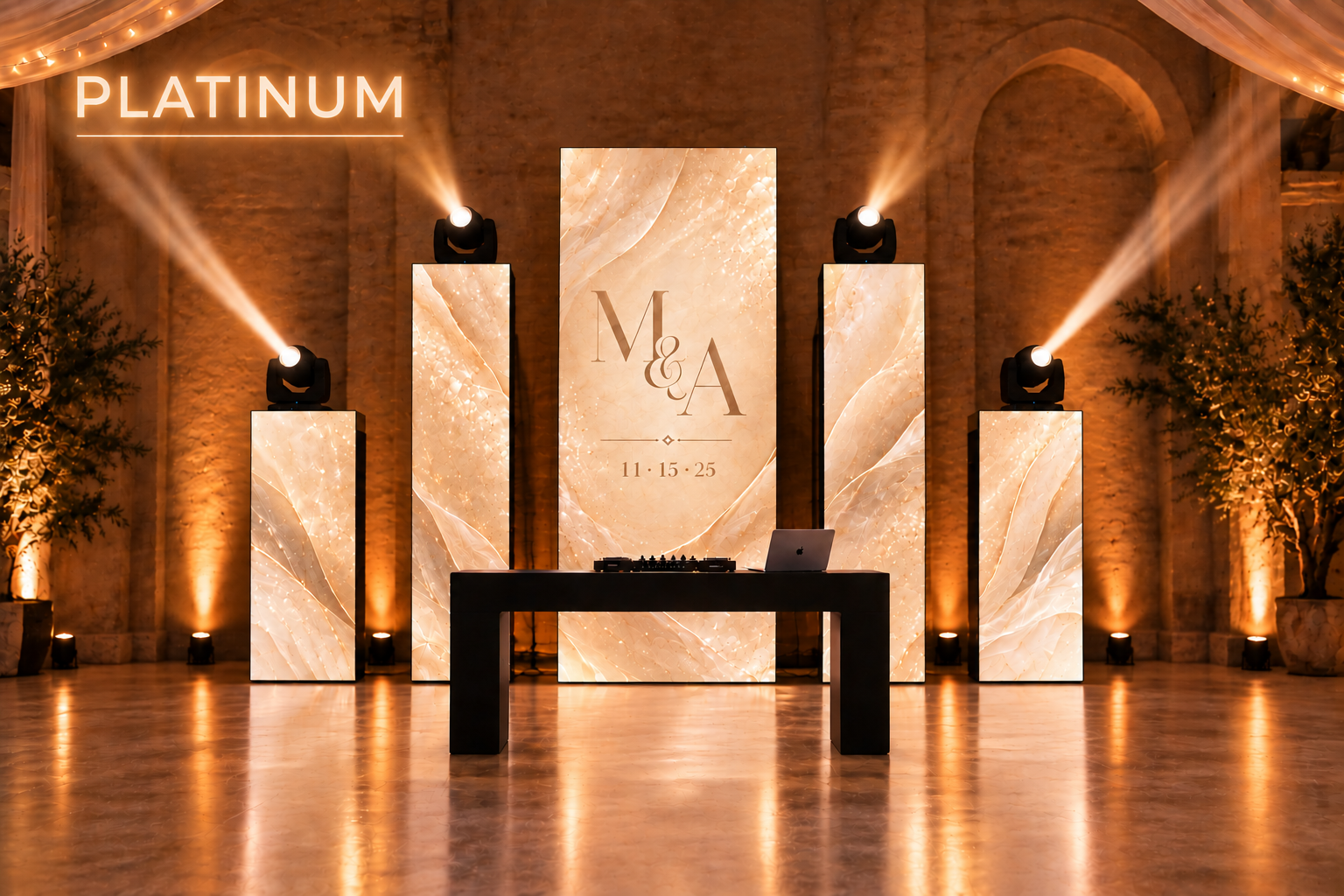 Platinum DJ package setup with illuminated stage elements, professional DJ equipment, and elegant event lighting.