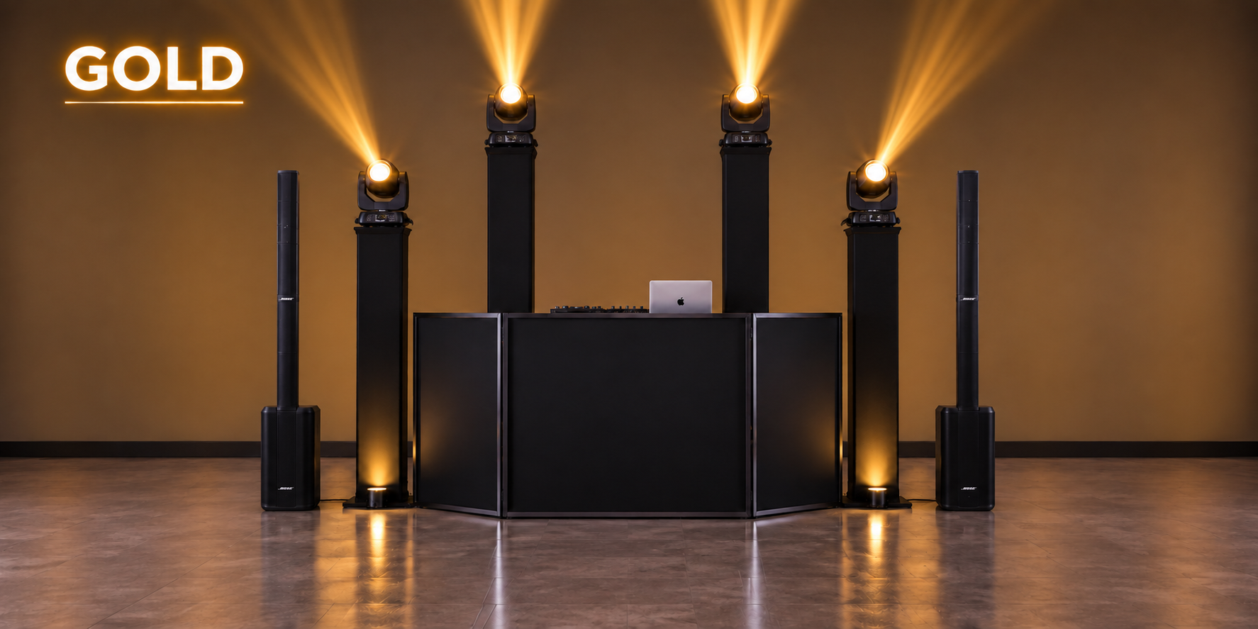 Gold DJ package setup featuring professional speakers, DJ booth, truss structure, and warm stage lighting.