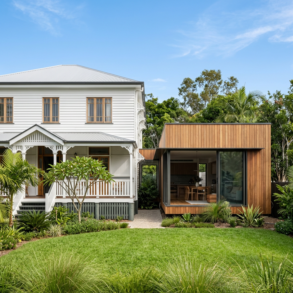Gold Coast architecture two-story white house with a porch and wooden window frames next to a modern wooden house with large glass windows, surrounded by lush green plants and trees under a blue sky.