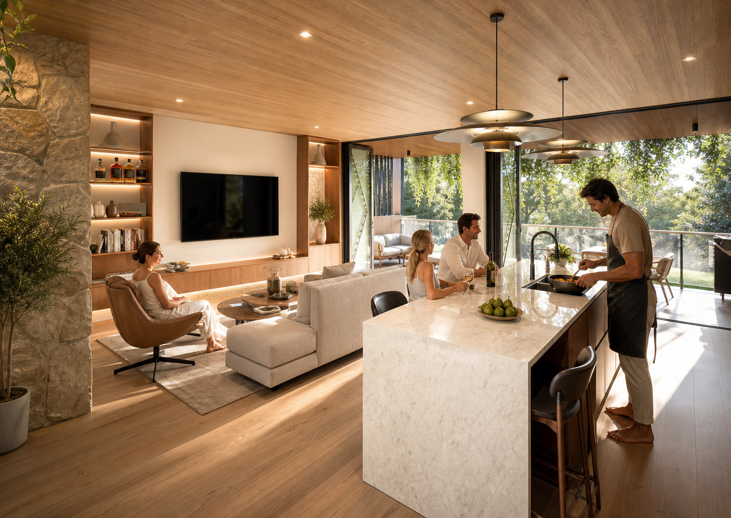 Gold Coast architecture. A family gathered in a modern open-concept living room and kitchen area with natural light from large windows. The husband and wife sit at the kitchen island, talking, with the husband cooking.