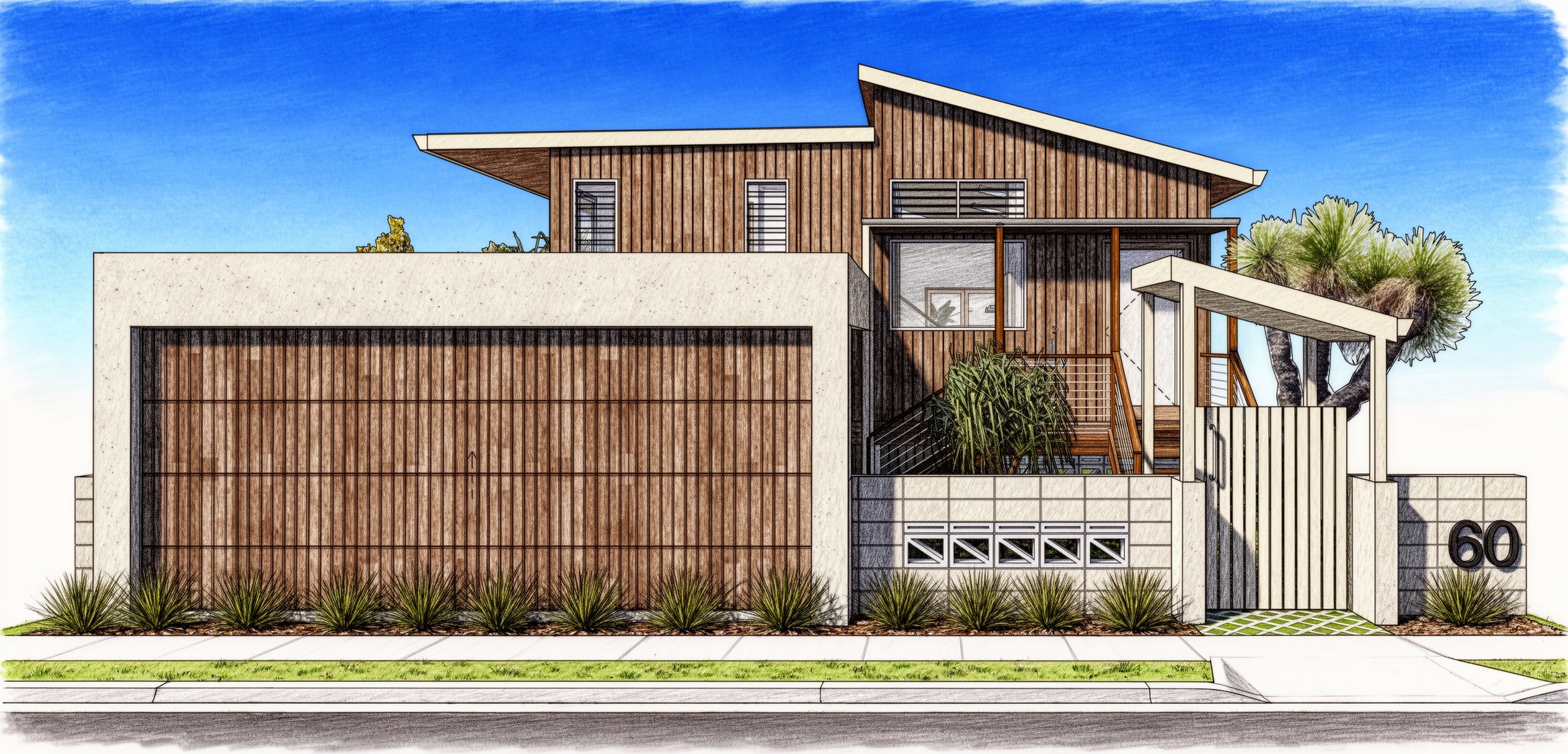 Gold Coast architecture Drawing of a modern house with wooden and concrete exterior elements, a landscaped front yard with bushes, a stone pathway, and a street in the foreground.