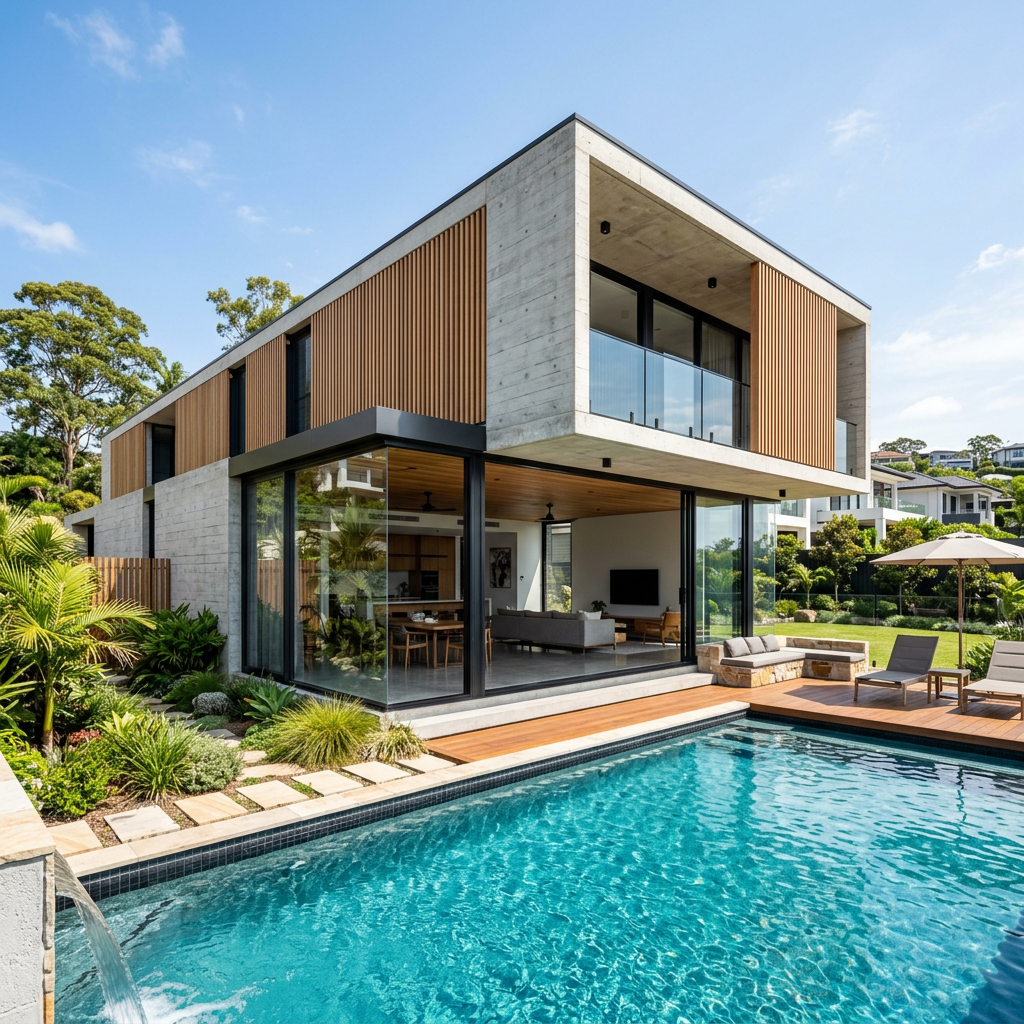 Gold Coast architecture Modern two-story house with floor-to-ceiling windows, wooden accents, and a backyard pool area with lounge chairs and greenery.