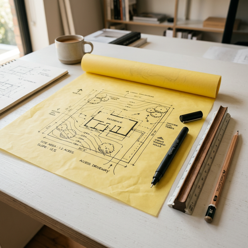 Gold Coast architecture - Architectural blueprint for a residence with measurements, trees, and landscape details on a yellow paper, placed on a white desk with drawing tools, a pen, and a cup of coffee.