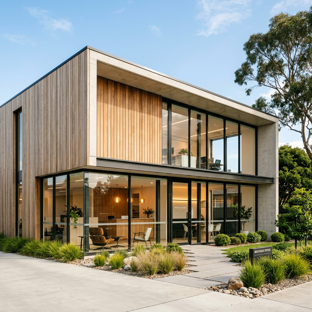Gold Coast architecture Modern two-story office building with large glass windows, wooden exterior accents, and landscaped front yard with small bushes and rocks.