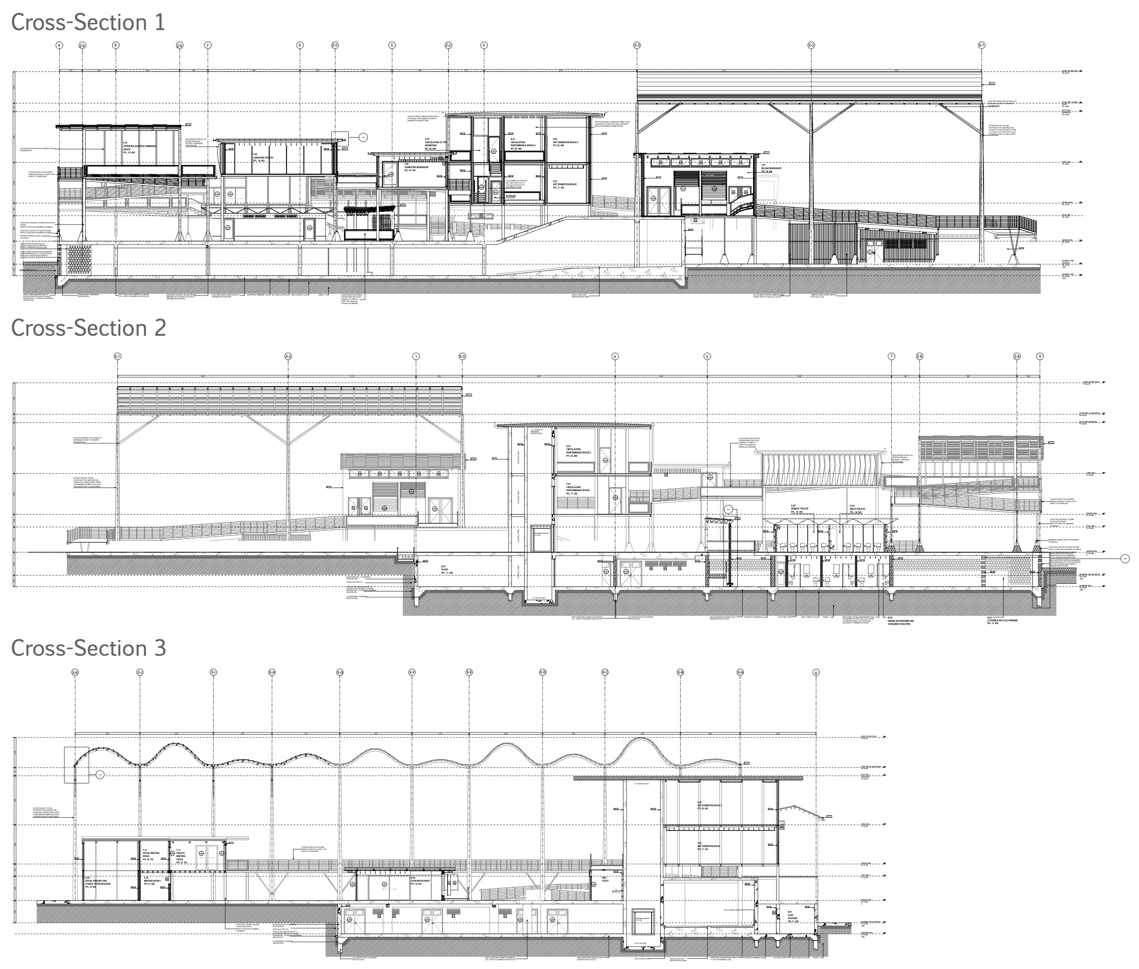 Gold Coast architecture - Architectural blueprint with cross-sections of a building, showing detailed structural and interior design elements.