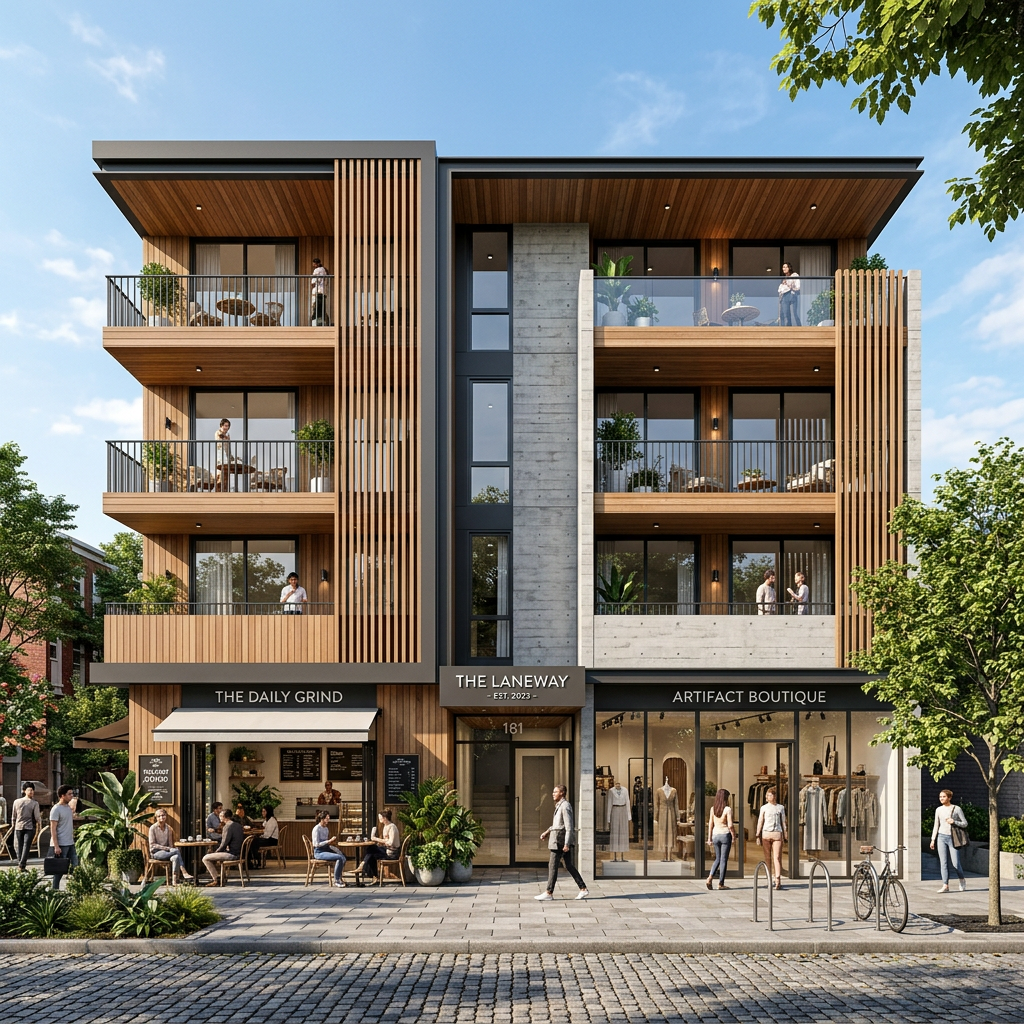 Gold Coast architecture A modern four-story building with shops on the ground level and residential or office spaces above, featuring wooden accents and large glass balconies, with people walking and sitting outside on a sunny day.