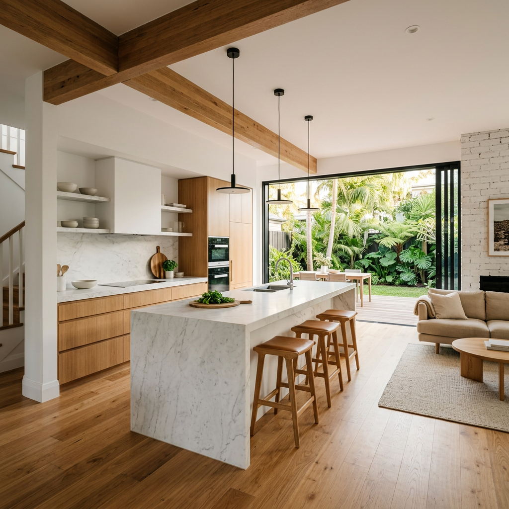 Gold Coast architecture Modern kitchen and living room with white marble island, wooden cabinets, open shelves, and sliding glass door leading to a lush backyard with large green plants.