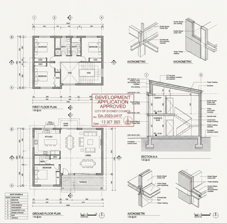 Gold Coast aArchitectural blueprint of a two-story house, showing first and ground floor plans, and detailed axonometric and sectional drawings of construction joints and materials, with approval stamp from Sydney City Council dated October 12, 2023.