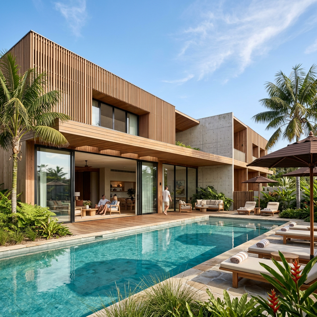 Gold Coast architecture A modern house with large glass sliding doors, surrounded by lush tropical plants, with a swimming pool in the foreground and outdoor lounge chairs under umbrellas.