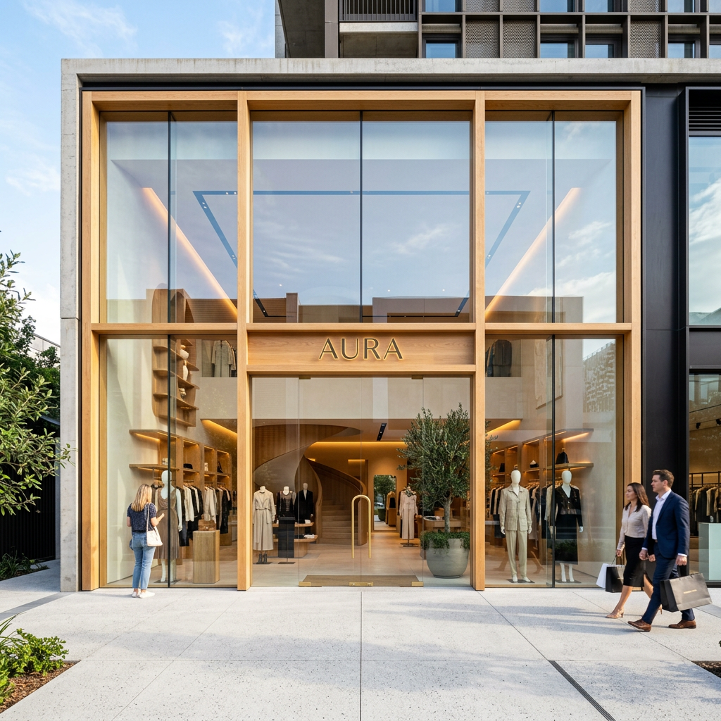 Gold Coast architecture Modern storefront with large glass windows and wooden framing, labeled 'AURA', showcasing a clothing store interior with mannequins, shelves, and a potted tree outside.