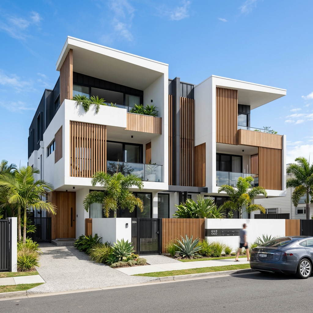 Gold Coast architecture Modern multi-story residential building with white walls, wooden accents, and glass balconies, surrounded by tropical plants and palm trees.