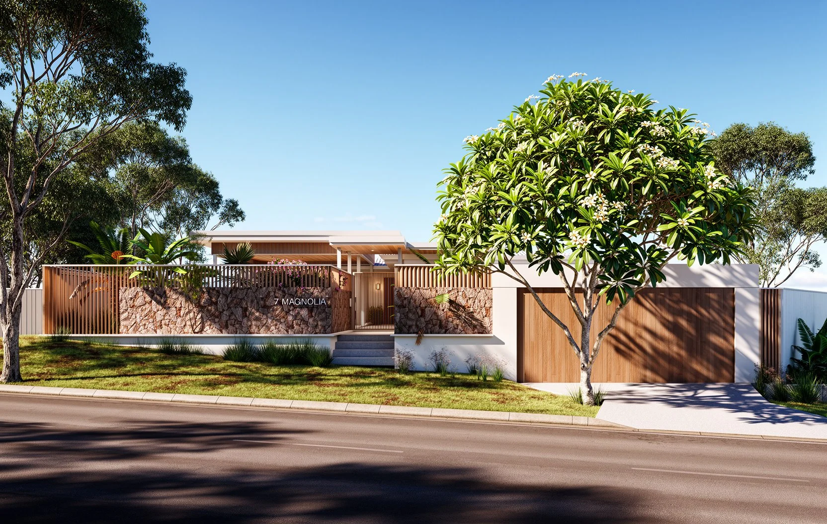 Gold Coast architecture Modern house with a white exterior, wooden accents, stone wall, and landscaped front yard featuring green trees and shrubs, with a blue sky in the background.