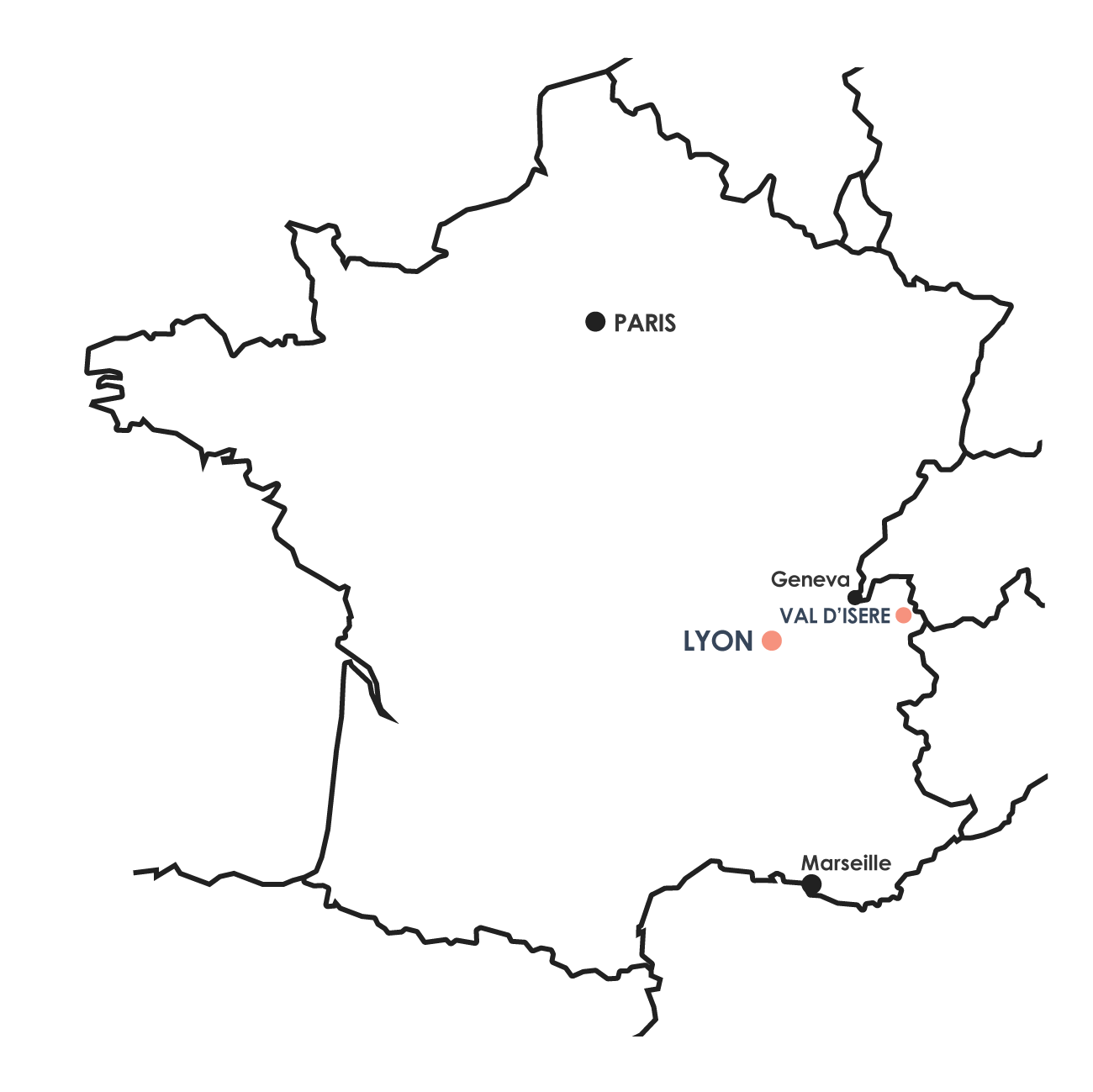 Carte de France montrant les villes de Lyon, Val d'Isère, Genève et Paris, avec des points indiquant leur emplacement.