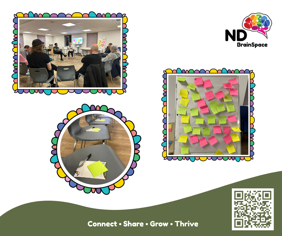 A workshop or training session with people sitting in a circle in a room with a presentation screen and flip charts. There are tables with notepads and pens. The image shows post-it notes on a whiteboard and a table with additional notepads and pens.