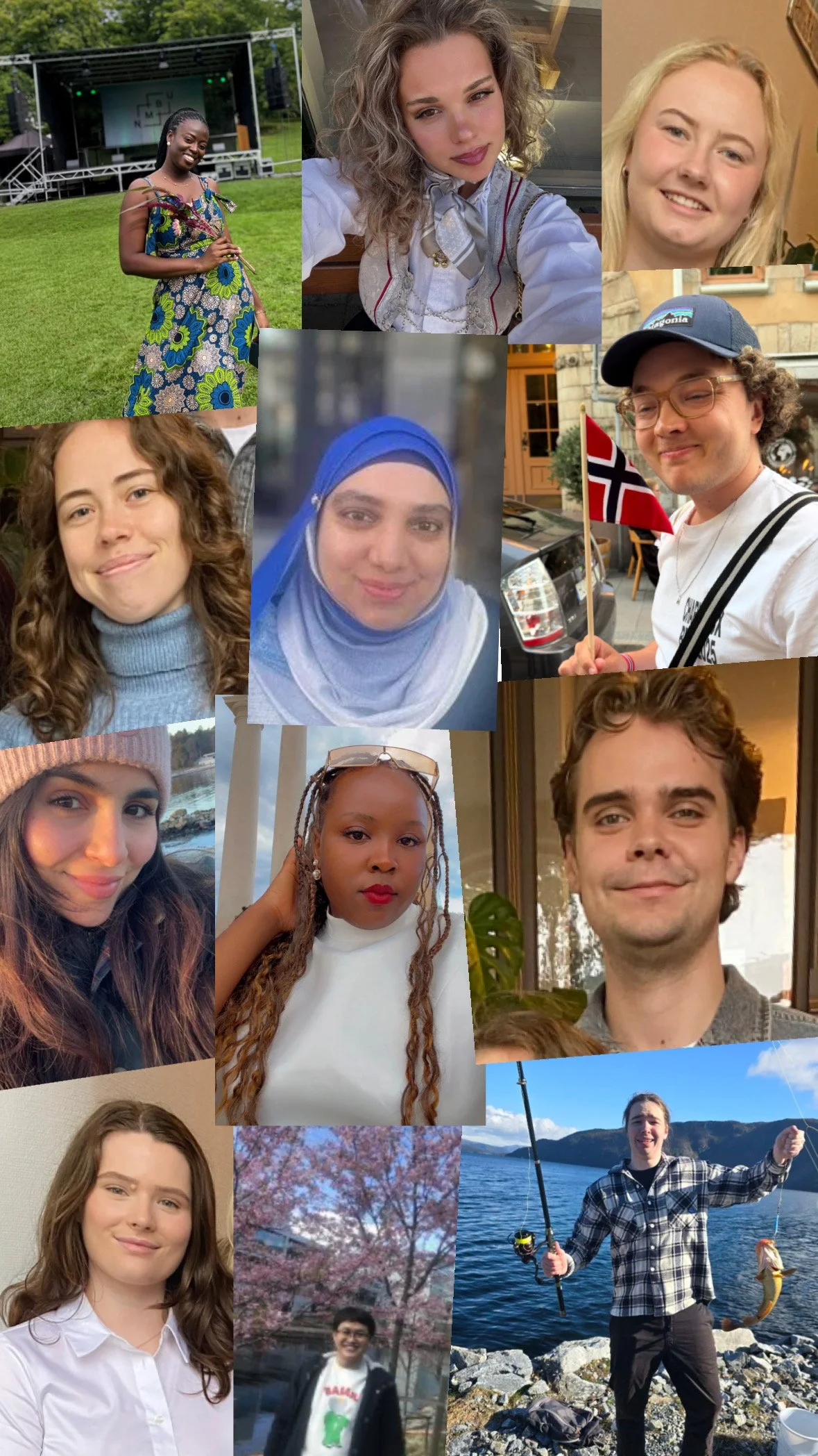 Collage of multiple people, including women and men, in various outdoor and indoor settings, some smiling and some posing for photos, with backgrounds featuring nature, cityscapes, and leisure activities. Interns, ICT4COP Interns.