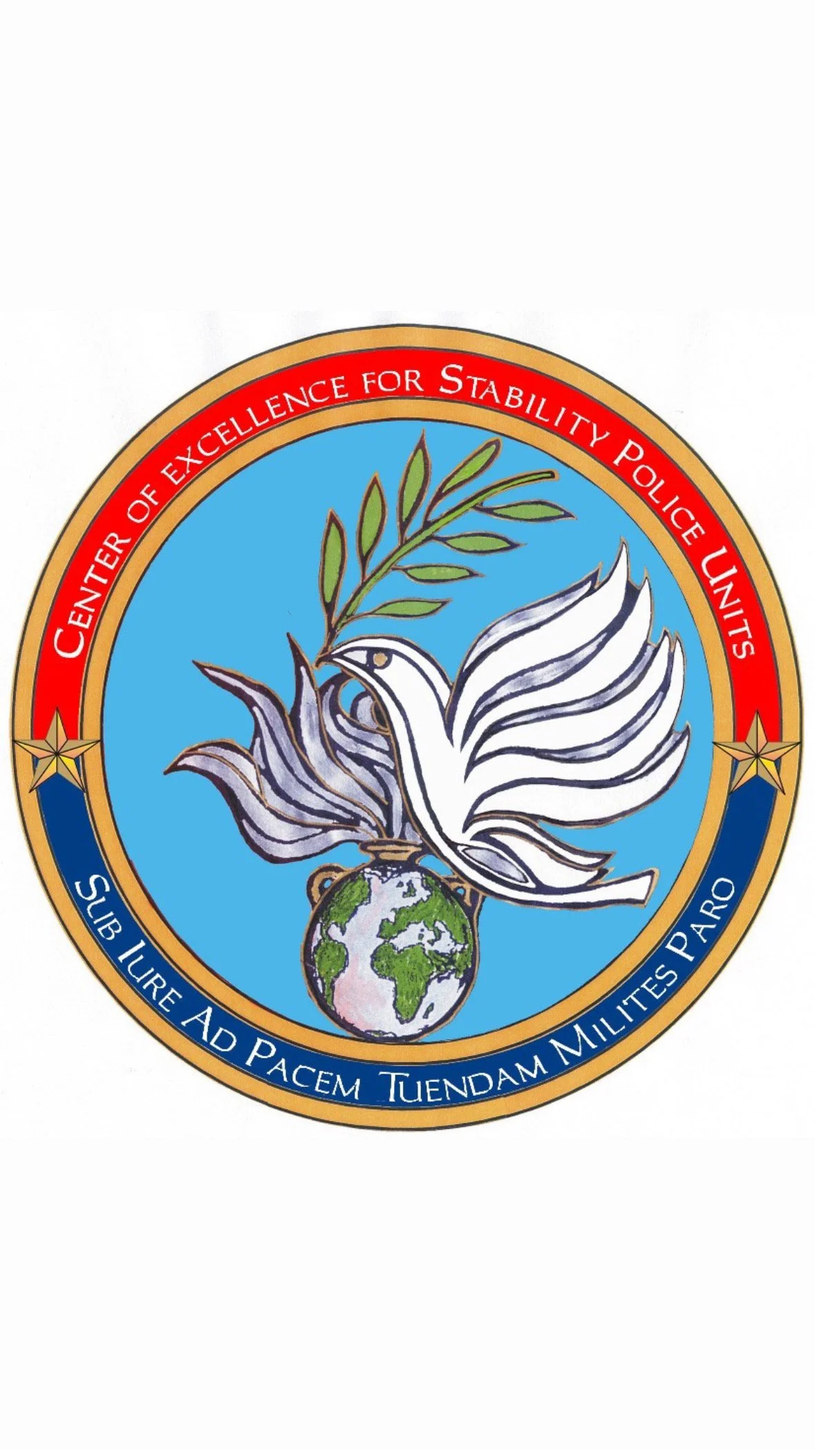 Seal with an eagle, olive branch, and globe, surrounded by red and blue rings with text honoring the Police Department.