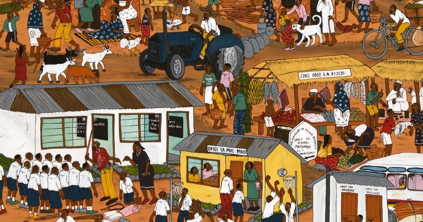 A vibrant marketplace scene with people engaged in various activities, vendors selling goods, children playing, a tractor, and animals, all set in a rural village environment hinting a community oriented spatiality.