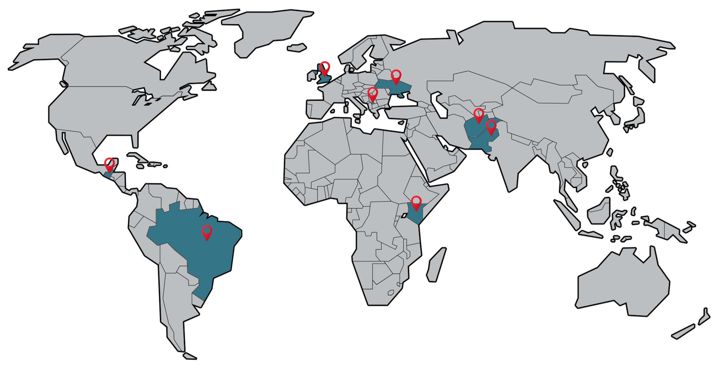 World map showing highlighted countries with location markers around the world - Europe, Africa, South America, Asia, and Oceania. Locations that the centre has worked in and with.
