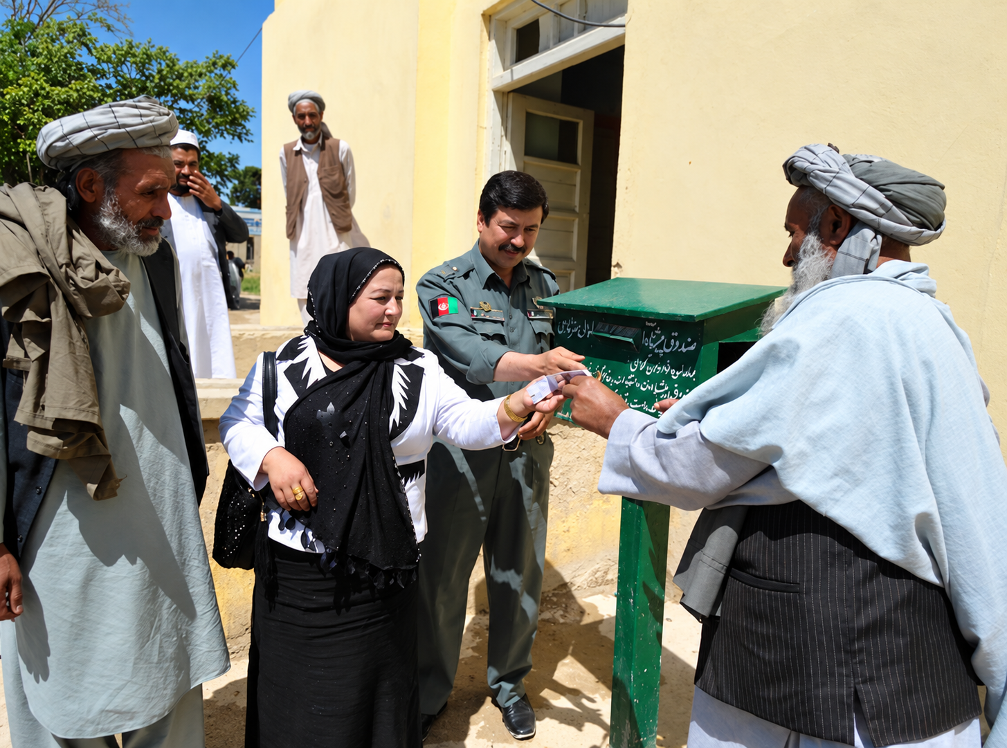 A group of people, including a woman and a man in traditional Afghan clothing, are exchanging money near a green donation box outside a yellow building on a sunny day. Two uniformed officers are also present, observing the interaction.