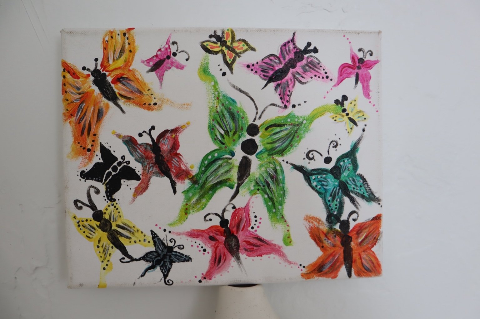 Butterfly Transmission  · 
Medium:
Acrylic on canvas  · 
8" x 10 x 0.75in"   · 
Year painted: 
2022  · 
Painted intuitively during a time of personal transition, this piece uses butterflies as symbols of change and ancestral memory. The layered color