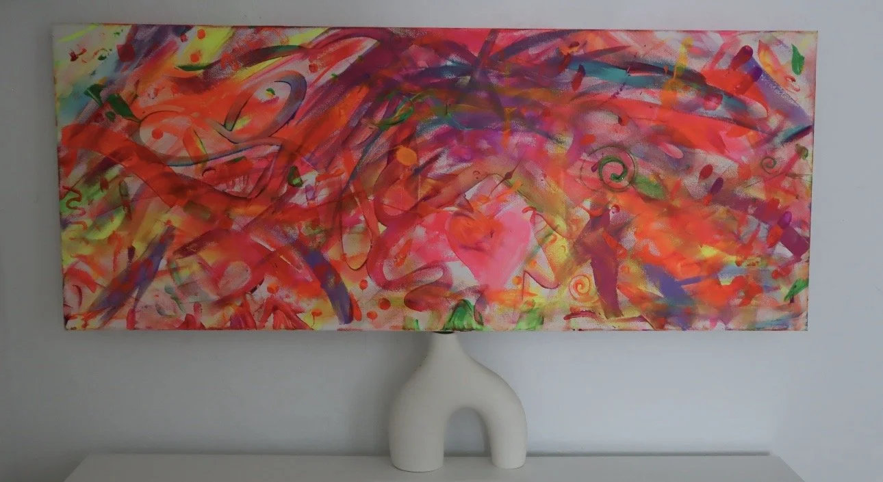 Embrace  & Release Your Inner Child  · 
Medium:
Mixed media on canvas  · 
18" x 36 x 2" 
 ·  
Year: 2022  · 
A spontaneous, movement-driven composition created through finger painting and layered color play. This piece reconnects with innocence, emot