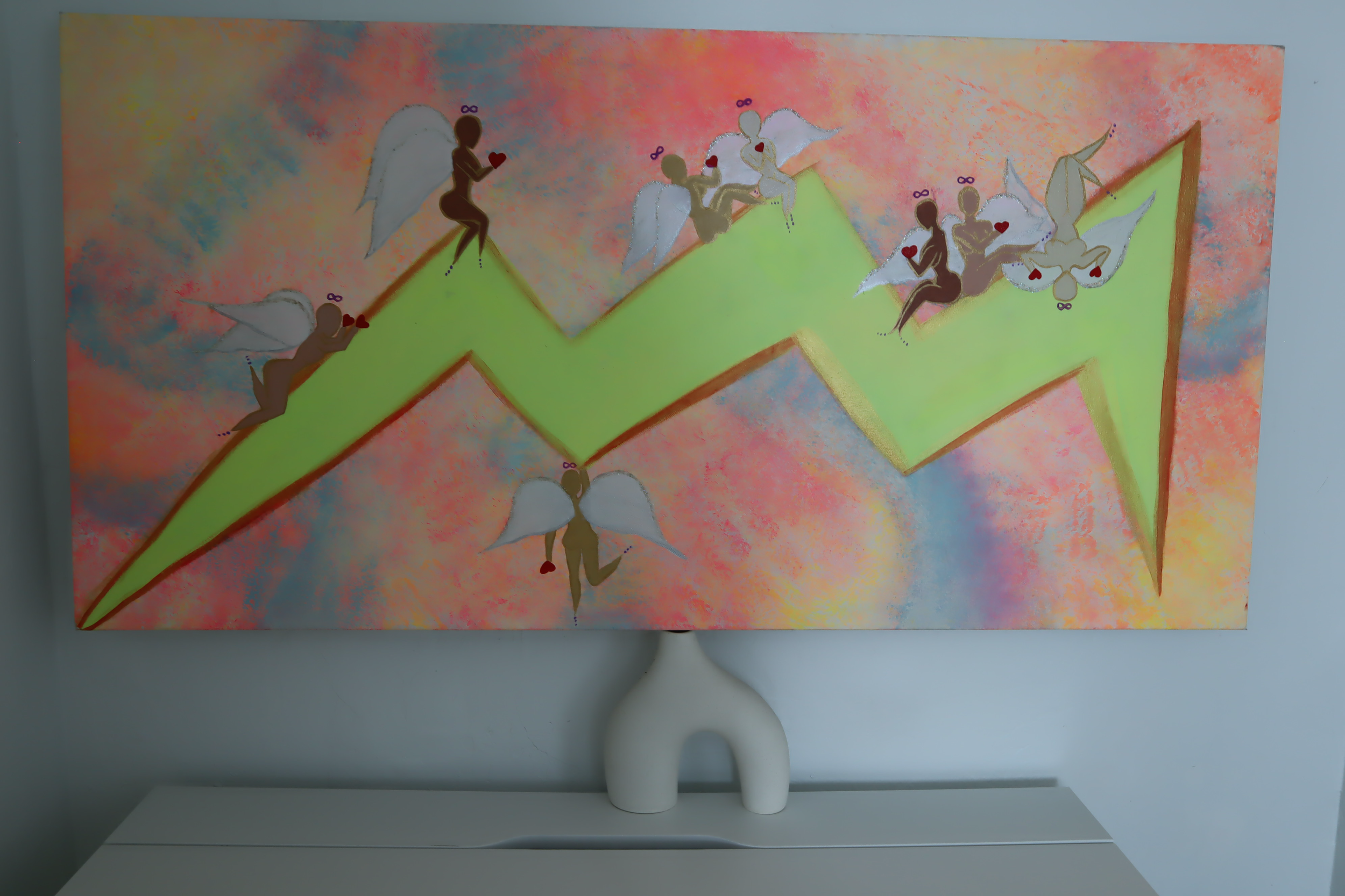 Fairy Angels In conversation  · 
Medium:
Mixed Media on canvas  · 
48" x 24 x 2"
 ·  
Year: 2024  · 
A narrative composition depicting small guiding figures in motion, symbolizing intuition, imagination, and unseen support. Playful forms and bright c
