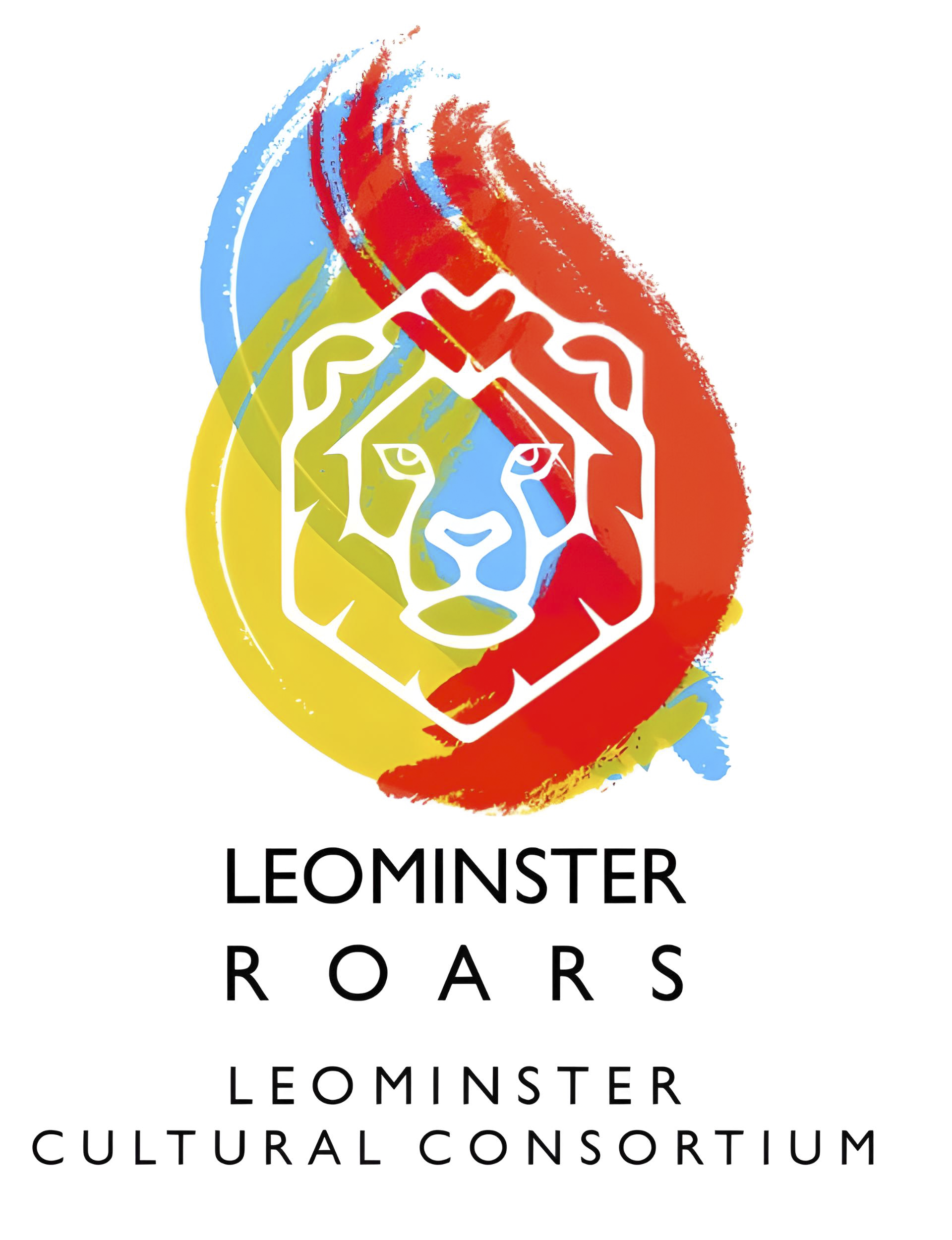 Colorful logo featuring a lion's face outline within a display of red, blue, and yellow brush strokes. Text below reads "Leominster Roars Leominster Cultural Consortium."