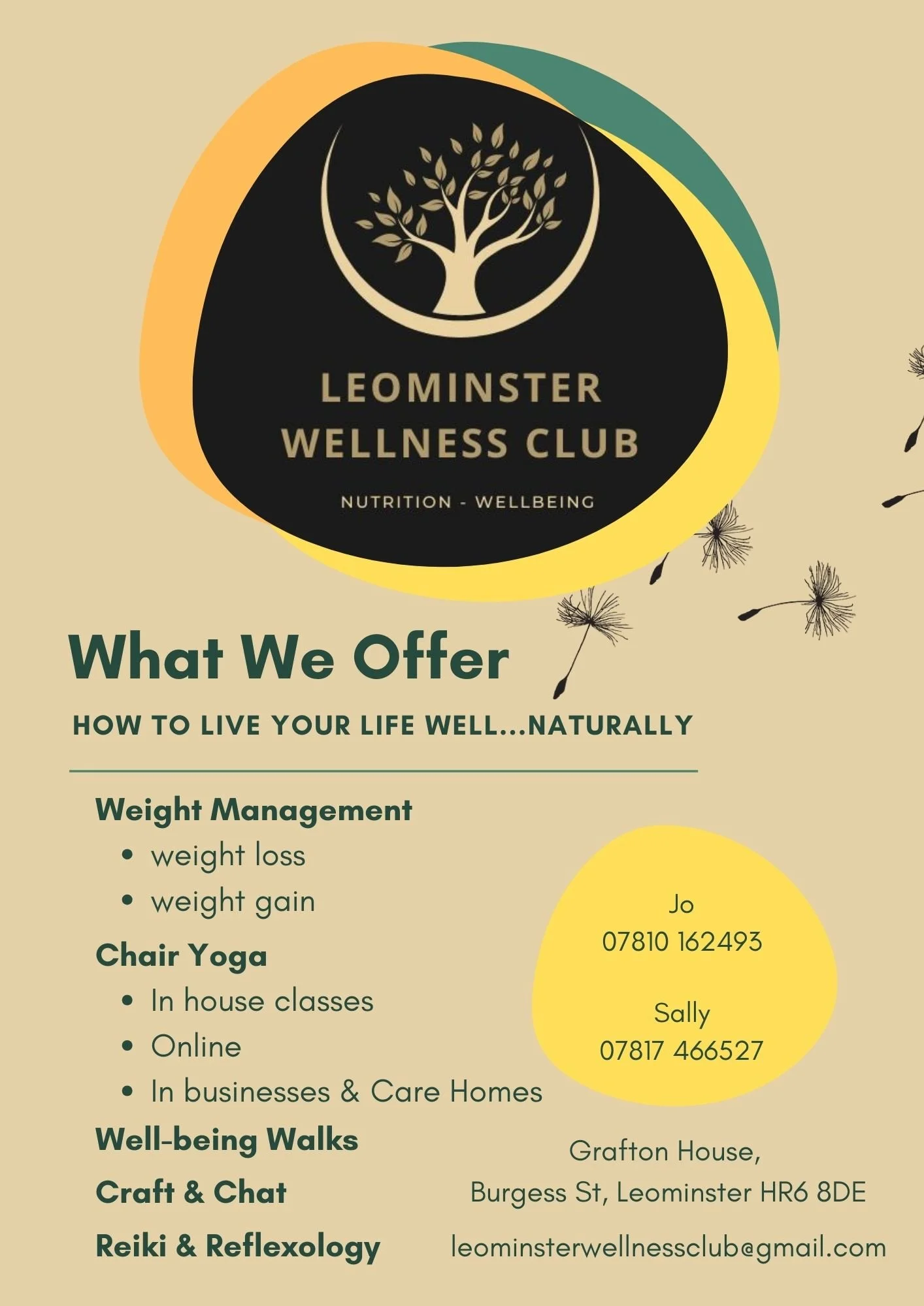 Flyer for Leominster Wellness Club, detailing services like weight management, chair yoga, well-being walks, craft sessions, Reiki, with contact info for Jo and Sally, and address at Grafton House, Burgess St, Leominster.