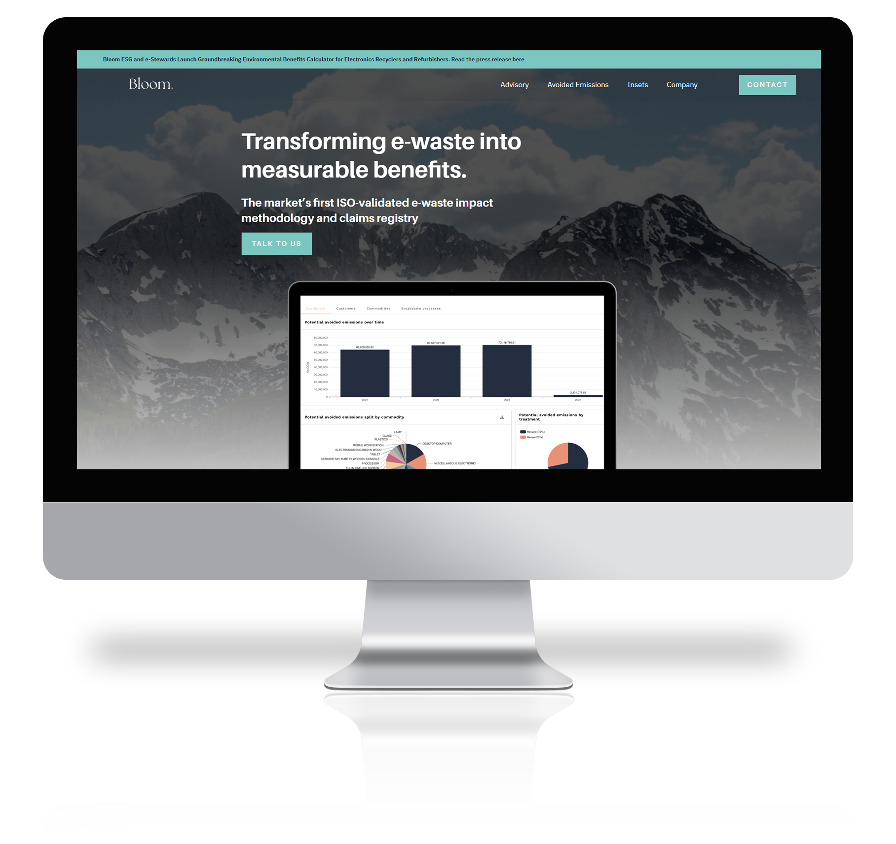 Computer screen displaying a website about e-waste transformation, featuring graphs and charts against a mountain background.