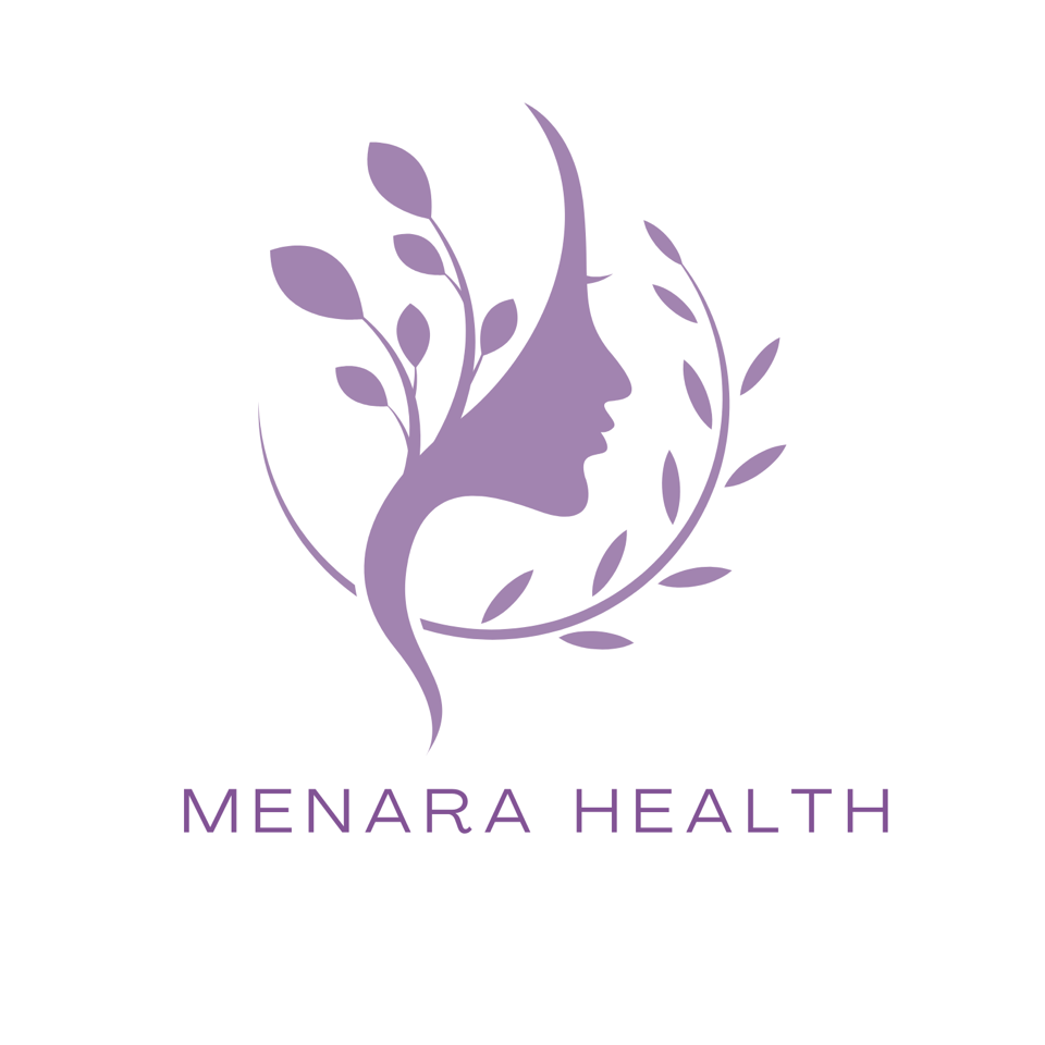 Silhouette of a woman's face surrounded by leaves and branches, with the text 'MENOW HEALTH' under it, on a purple background.