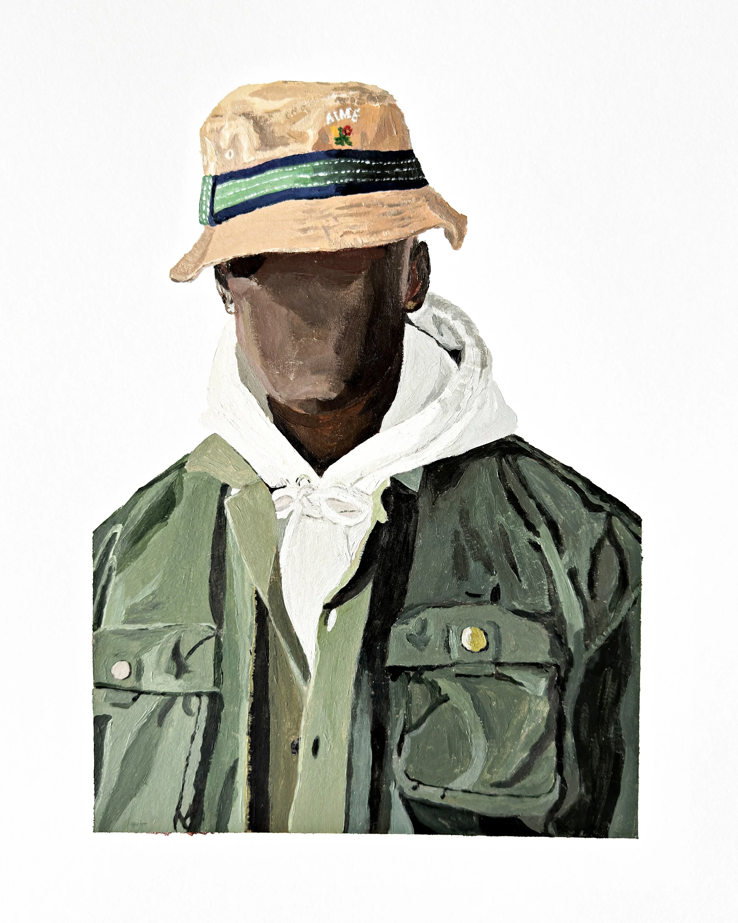 Head Study, Bucket Hat and Green Utility Jacket - Acrylic on paper