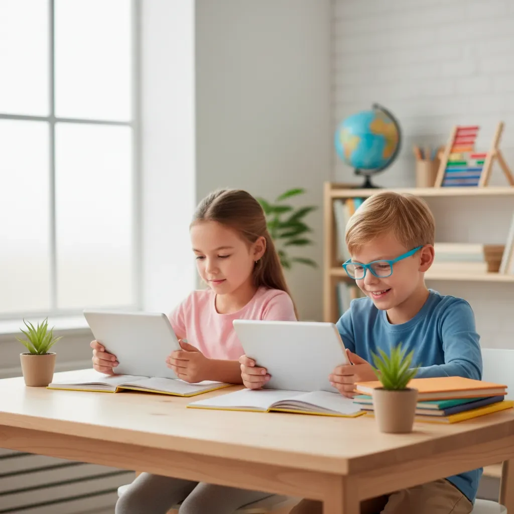 Niña y niño haciendo ejercicios de primaria mientras estudian con libros