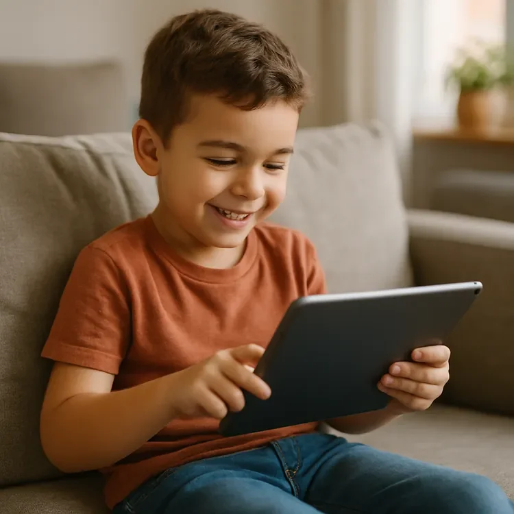Niño sonriente usando una tableta mientras está sentado en un sofá usando MindED