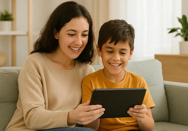 Madre e hijo realizando estimulación cognitiva en una tableta