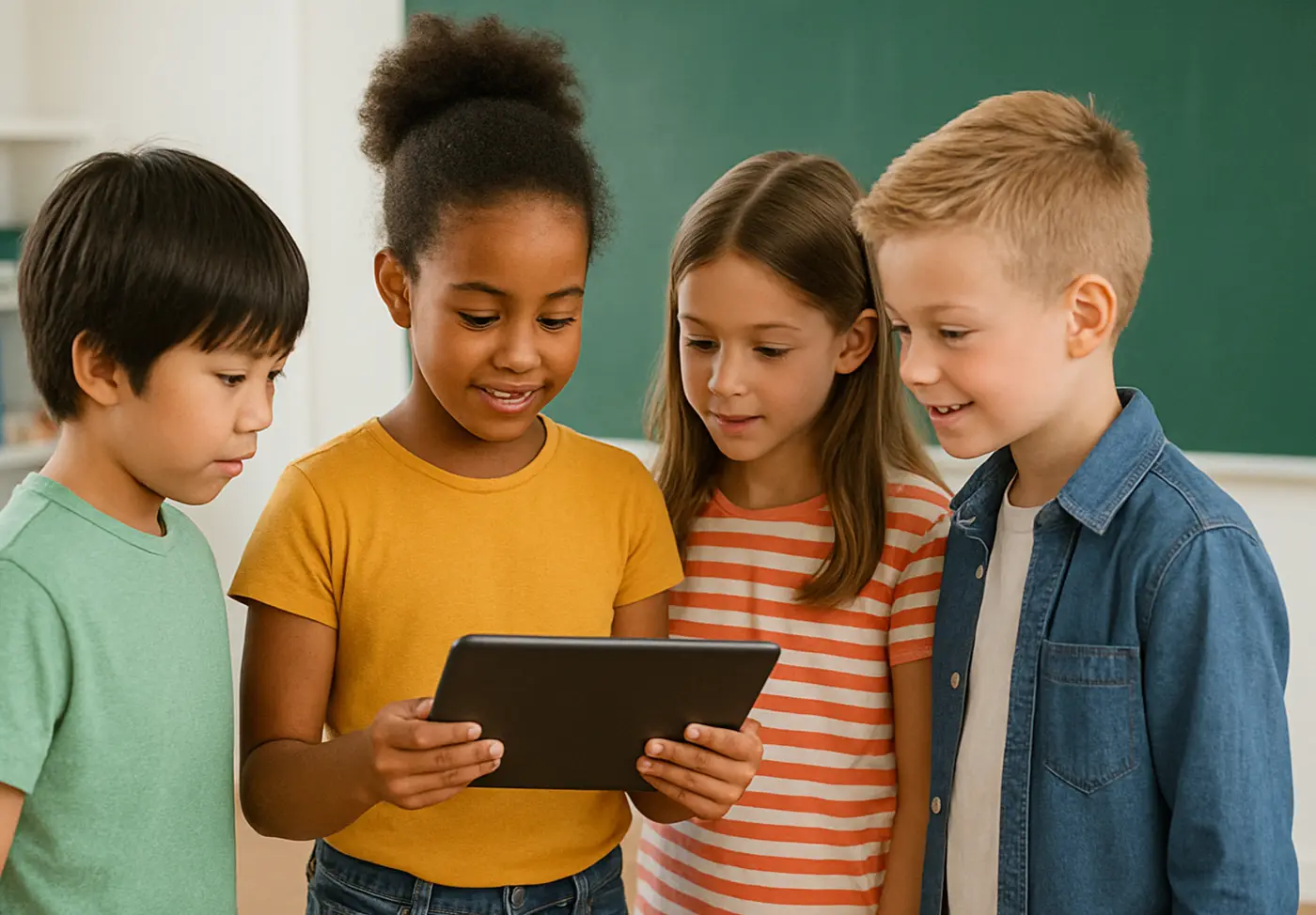Grupo de dos niños y dos niñas realizando estimulación cognitiva con una tableta