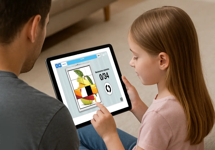 Niña y su padre realizando estimulación cognitiva desde una tableta