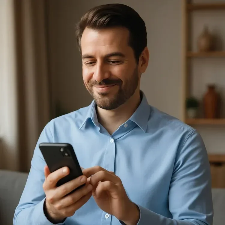 Hombre sonriendo mientras usa un teléfono inteligente en una habitación usando MindED