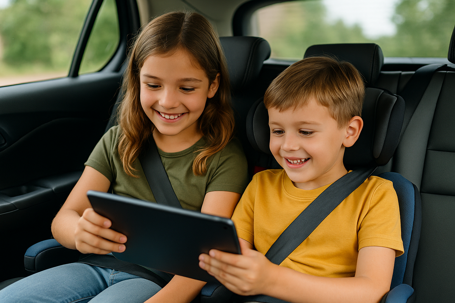 Niño y niña usando App Educativa MindED en el coche en tablet