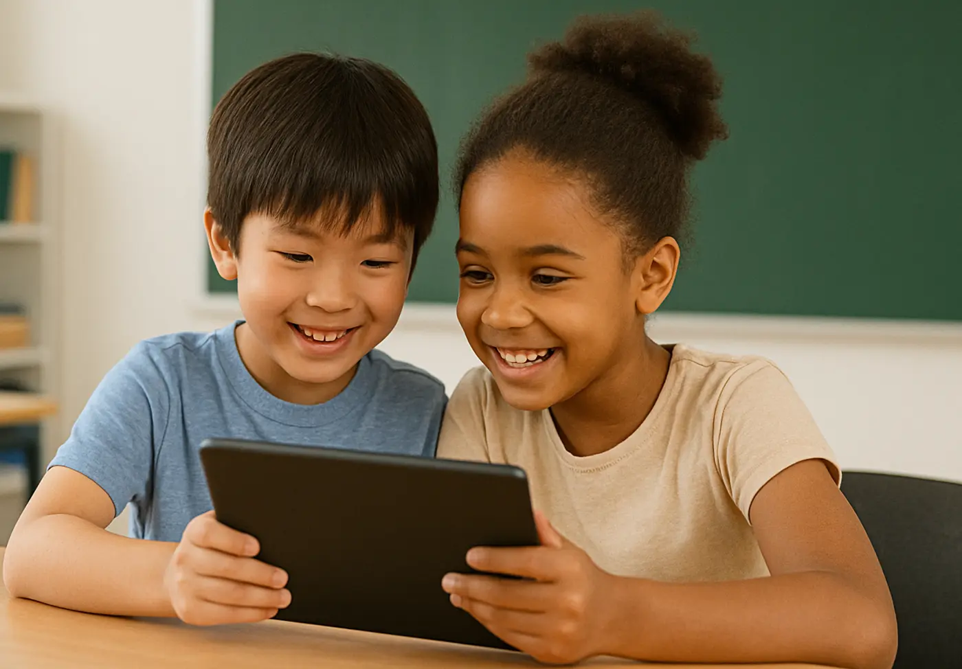 Niños haciendo estimulación cognitiva desde una tableta