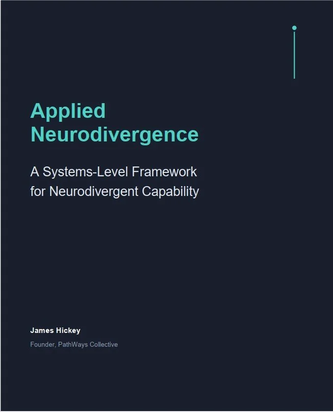 The cover of a book titled "Applied Neurodivergence: A Systems-Level Framework for Neurodivergent Capability" by James Hickey, founder of PathWays Collective, with a dark blue background and teal and white text.