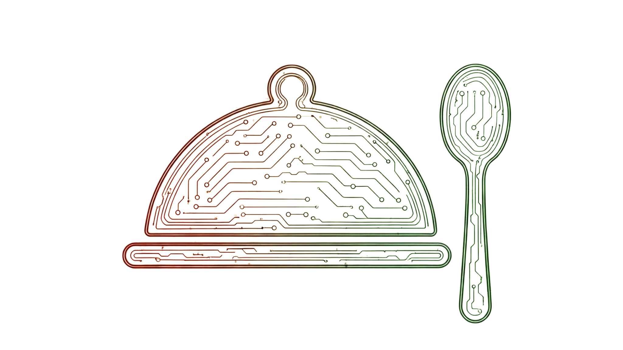 A digital illustration of a circuit board shaped like a hat with a rounded top and a brim, and a spoon. The circuit lines are multicolored, and the background has colored blocks.