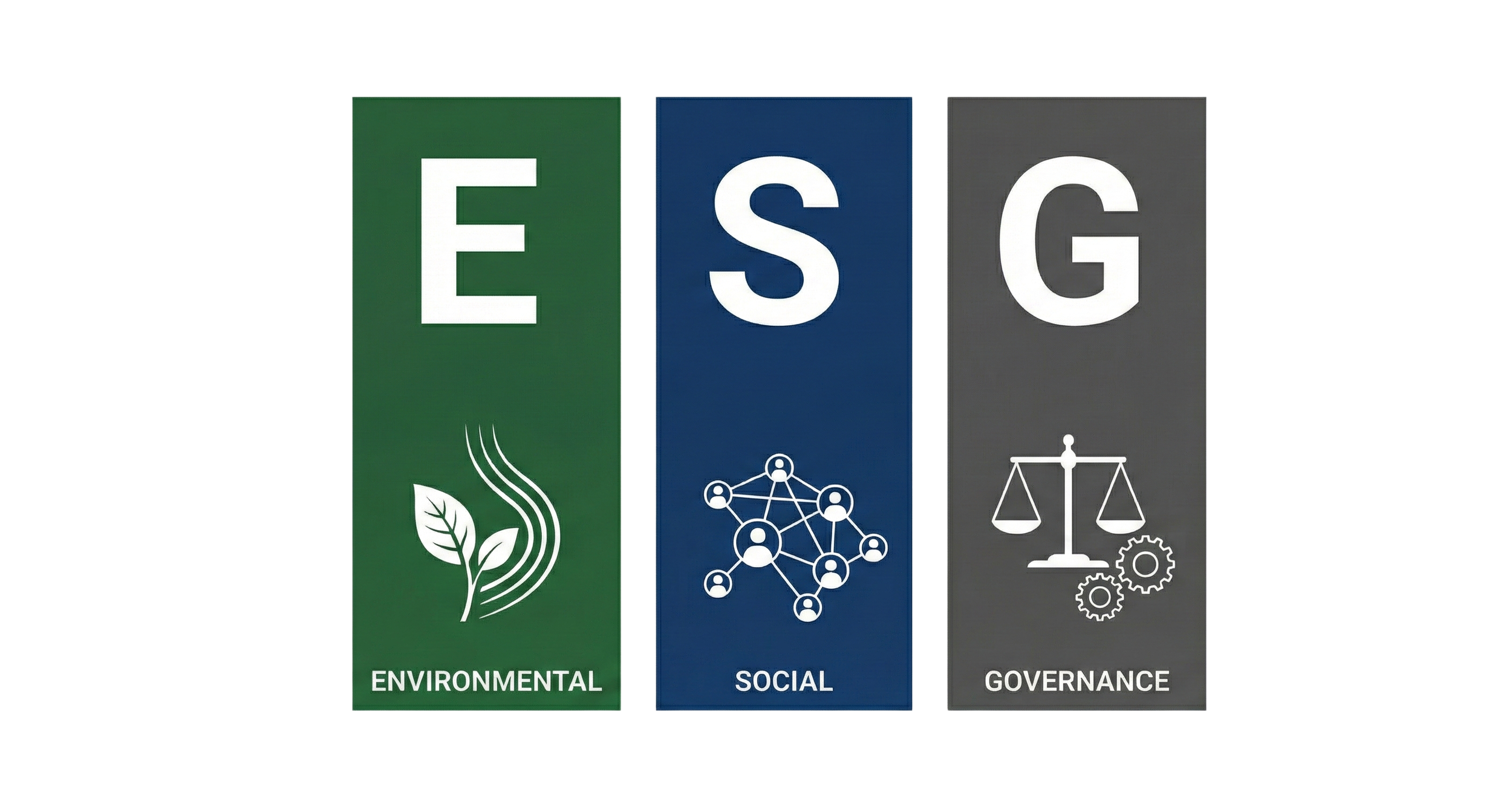 Environmental, Social, and Governance (ESG) logo with icons representing environmental sustainability, social network, and governance scales and gears.