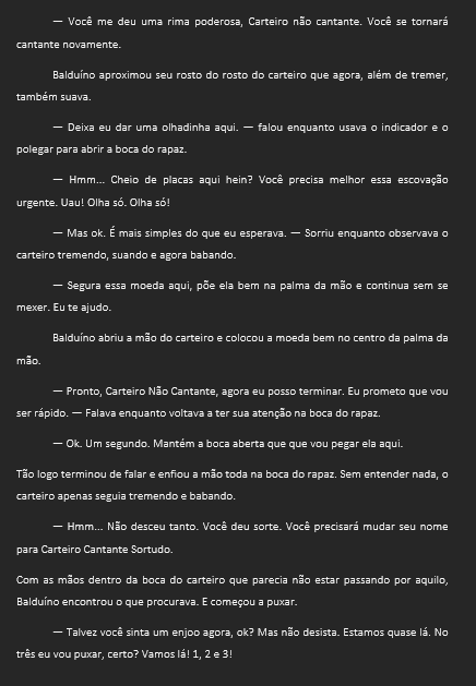 Trecho de uma conversa em português sobre um personagem e uma moeda, incluindo diálogos e ações entre duas pessoas, com foco em uma troca de faces e uma promessa de comportamento.