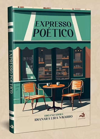 Capa do livro 'Expresso Poético' com uma ilustração de uma cafeteria com duas cadeiras e uma mesa, vista de fora com janelas que mostram livros e iluminação ao fundo.