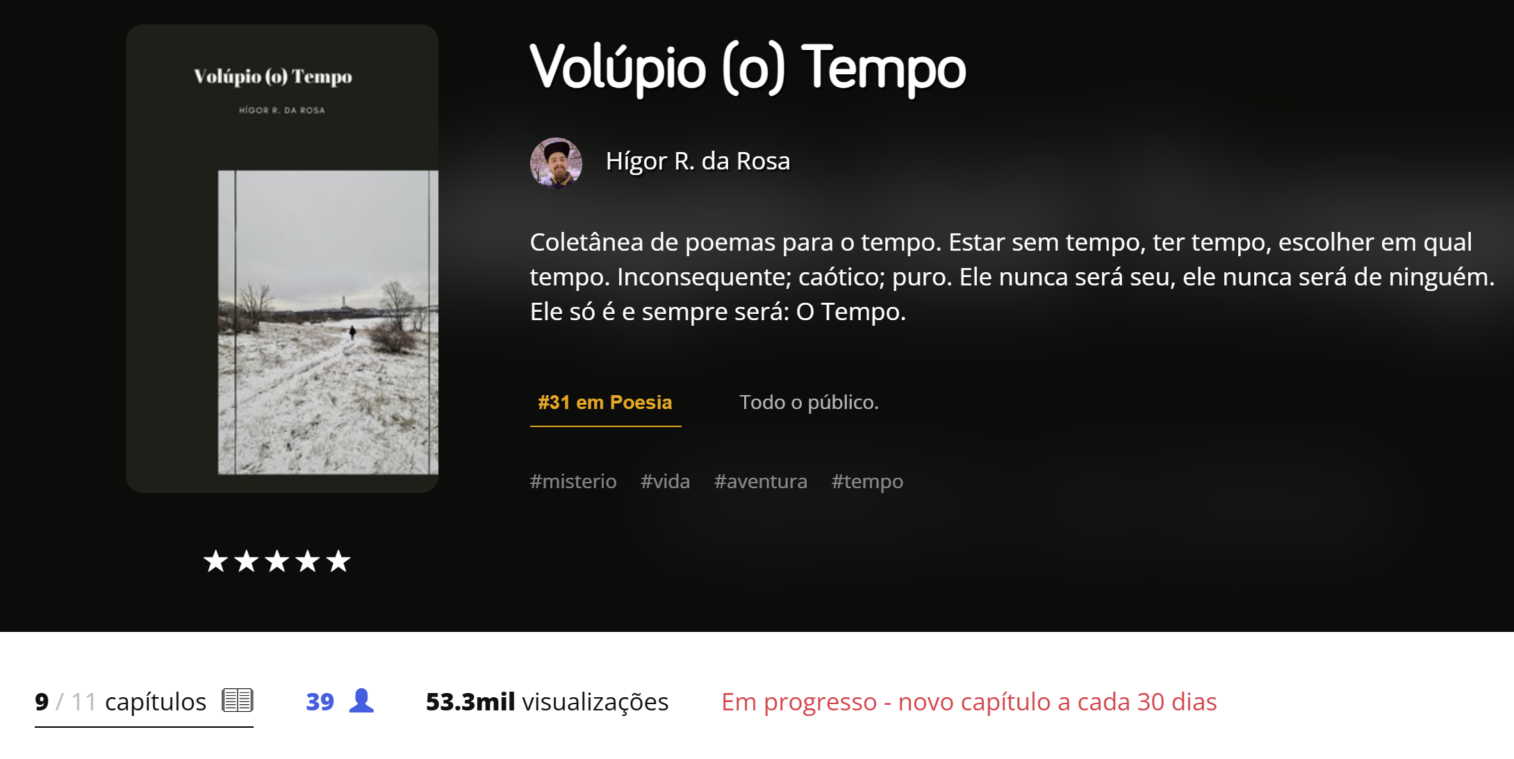 Capa de um livro intitulado 'Volúpio(o) Tempo' com uma foto de paisagem de inverno com neve, árvores e um céu nublado.