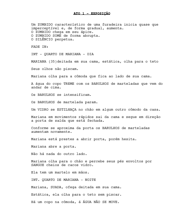 Trecho de um roteiro de teatro descrevendo uma cena com uma personagem chamada Mariana na cama, um copo de água, uma janela, uma porta e um martelo. O foco é na ação e detalhes do ambiente, incluindo elementos como o silêncio, barulhos, sangue nas suas mãos e uma atmosfera noturna.